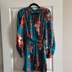 Elegant Floral Long Sleeve Dress in Teal and Red